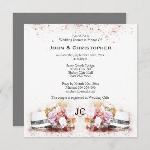 Masculine hat watercolor bouquet gay marriage invitation