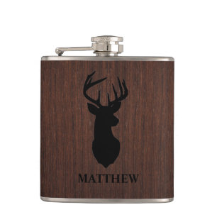 Masculine Hunter Buck Deer Design Name Monogram Flask