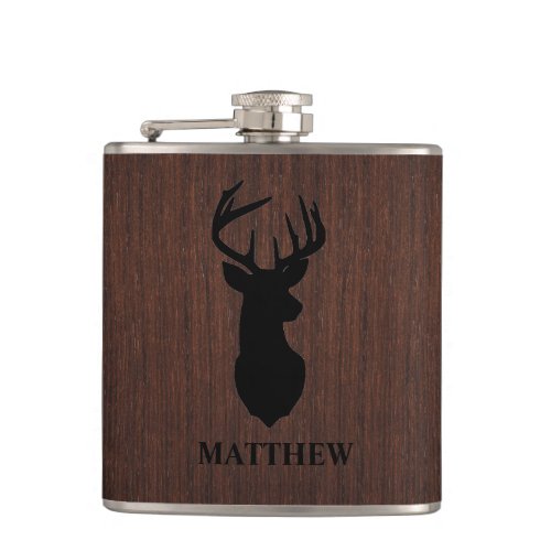 Masculine Hunter Buck Deer Design Name Monogram Flask