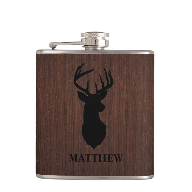 Masculine Hunter Buck Deer Design Name Monogram Flask (Front)