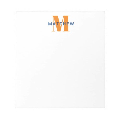 Masculine InitialName Monogram Orange and Blue Notepad