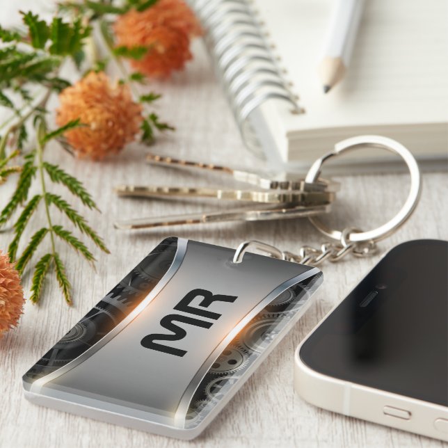 Masculine metallic gray background print keychain (Front Right)