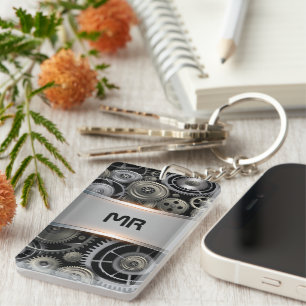 Masculine metallic gray background print keychain