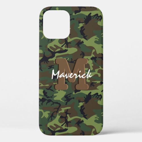 Masculine Military Army Camouflage iPhone 12 Case - Custom army themed iphone 12 case featuring a camouflage background, your initial in a 3D effect, and name in a boyish script font.