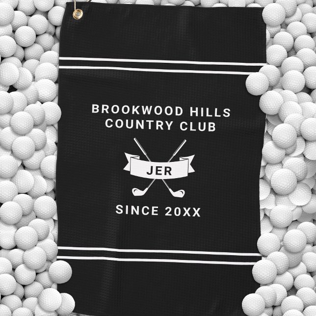 Masculine Modern Monogram Black White Golfer Clubs Golf Towel (Modern Golfer Monogram Initials Golf Clubs Black Golf Towel)