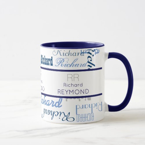 masculine modern typography name pattern on blue mug
