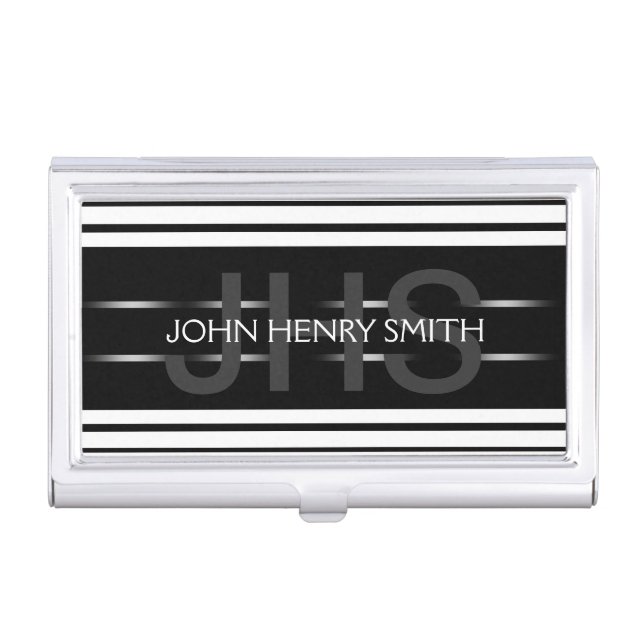 Masculine monogram black white stripes business card holder (Front)