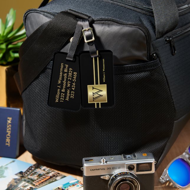Masculine Monogram Executive Style - Black & Gold Luggage Tag (Front & Back)