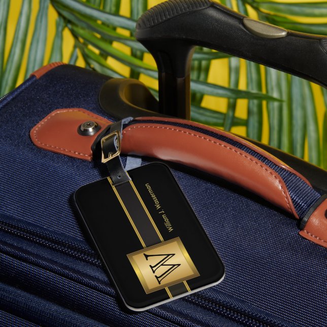 Masculine Monogram Executive Style - Black & Gold Luggage Tag (Front Insitu 1)
