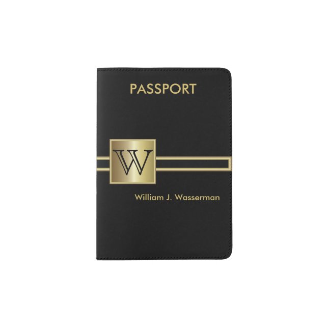 Masculine Monogram Executive Style - Black & Gold Passport Holder (Front)