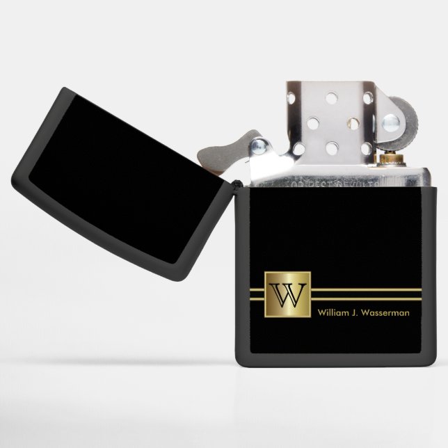 Masculine Monogram Executive Style - Black & Gold Zippo Lighter (Opened)