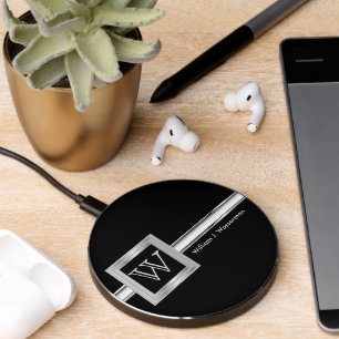 Masculine Monogram Executive Style - Silver Gray Wireless Charger