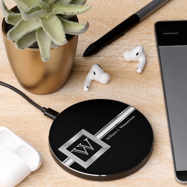 Masculine Monogram Executive Style - Silver Gray Wireless Charger (Desk 2)