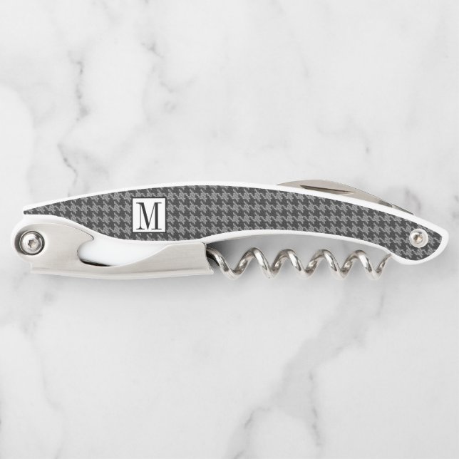 Masculine Monogram Houndstooth Black Gray Pattern Waiter's Corkscrew (Front)