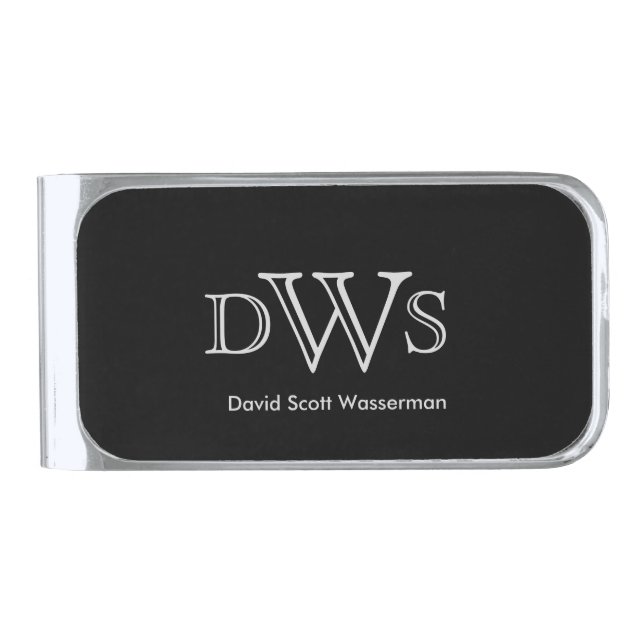 Masculine Monogram Initials with Name Silver Finish Money Clip (Front)