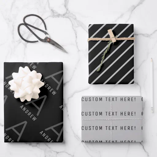 Masculine Monogram Personalized Black White Wrapping Paper Sheets