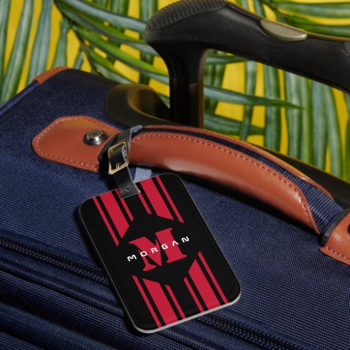 Masculine Monogram Racer Stripe   Red Black Luggage Tag