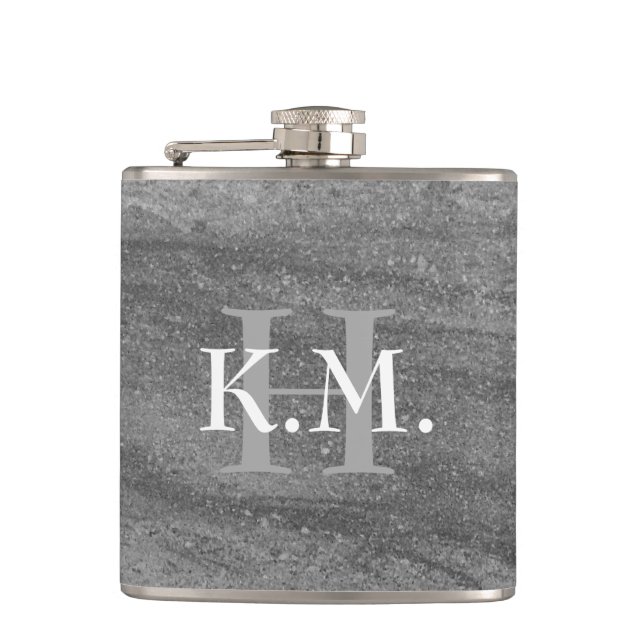 Masculine Monogrammed Dark Gray Granite Flask (Front)