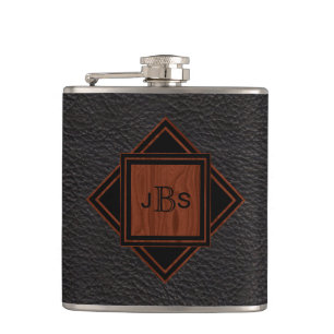 Masculine Monogrammed   Leather Wood Grain Look Flask