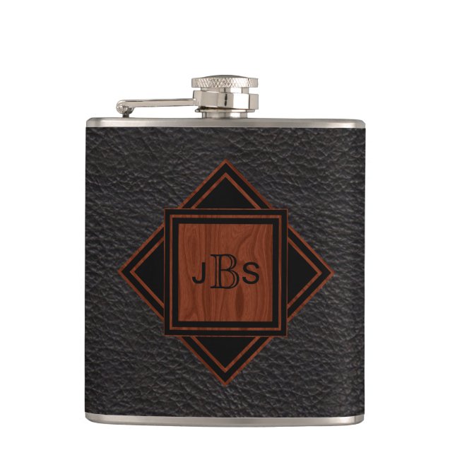 Masculine Monogrammed | Leather Wood Grain Look Flask (Front)