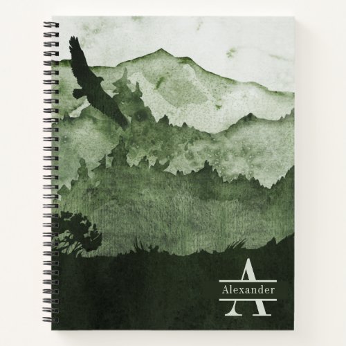 Masculine Mountains Forest Green Monogram Name Notebook