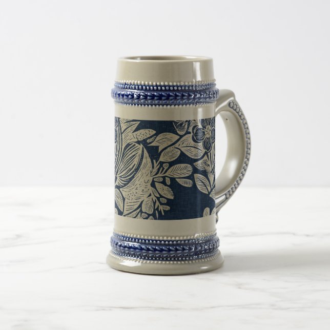 Masculine Navy Blue Effect Indigo Floral all Over Beer Stein (Front Right)