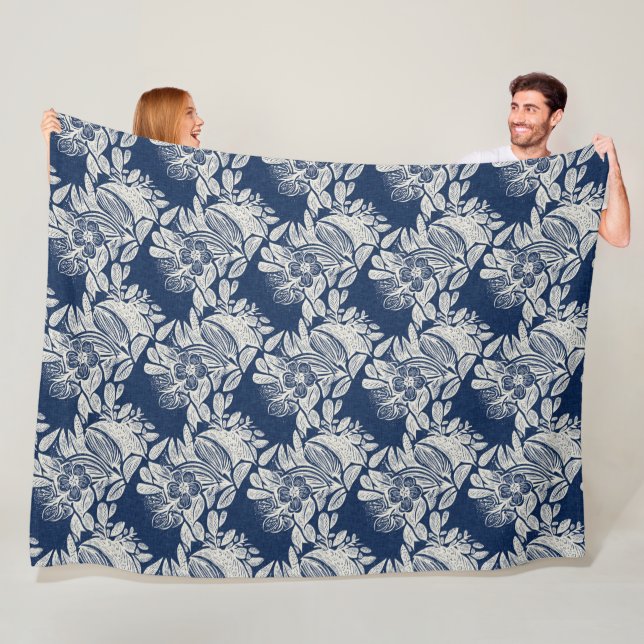 Masculine Navy Blue Effect Indigo Floral all Over  Fleece Blanket (In Situ)