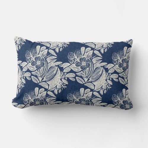 Masculine Navy Blue Effect Indigo Floral all Over  Lumbar Pillow