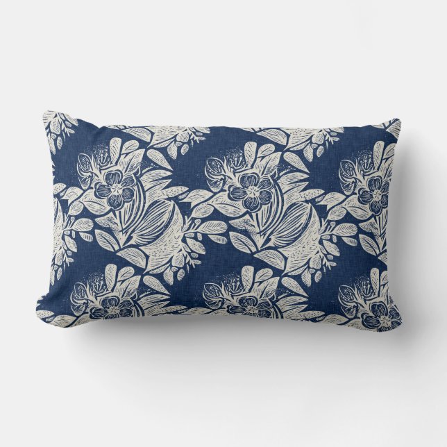 Masculine Navy Blue Effect Indigo Floral all Over  Lumbar Pillow (Front)