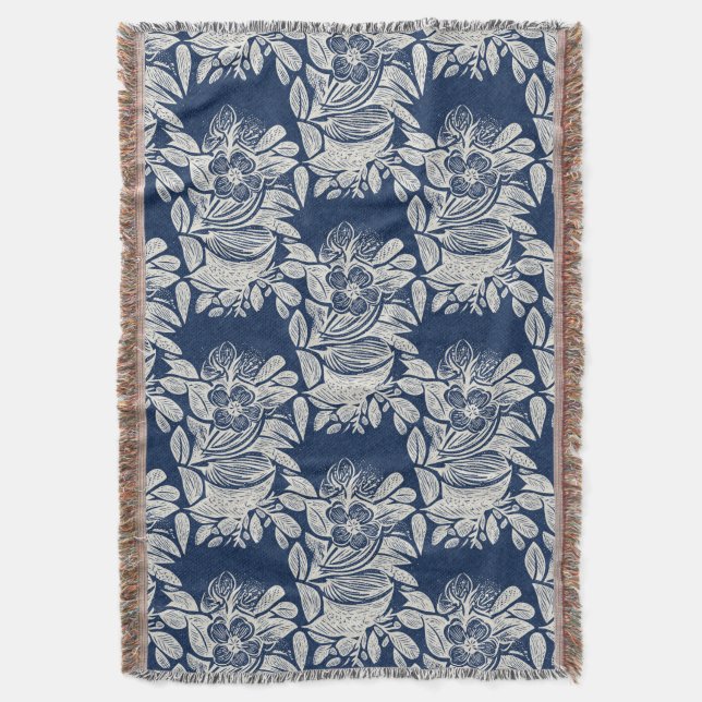 Masculine Navy Blue Effect Indigo Floral all Over  Throw Blanket (Front Vertical)