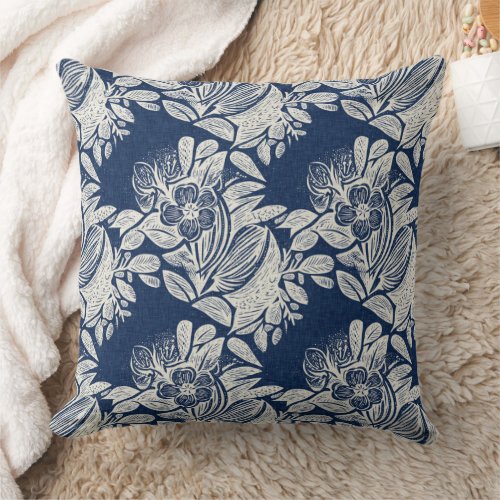 Masculine Navy Blue Effect Indigo Floral all Over  Throw Pillow