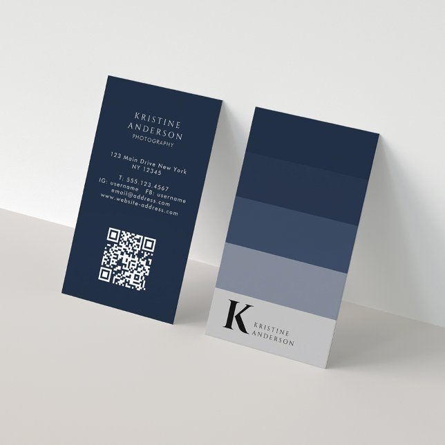 Masculine Navy Blue Ombre Classic Monogram QR Code Business Card (Creator Uploaded)