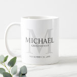 Masculine Personalized Monogram and Name Groomsmen Coffee Mug<br><div class="desc">Add a personal touch to your wedding with personalized groomsmen mug.
This mug features personalized groomsman's name with title in grey and monogram in light grey as background,  in classic serif font style.

Also perfect for best man,  father of the bride,  ring bearer and more.</div>