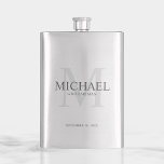 Masculine Personalized Monogram and Name Groomsmen Flask<br><div class="desc">Add a personal touch to your wedding with personalized groomsmen flask.
This flask features personalized groomsman's name with title in grey and monogram in light grey as background,  in classic serif font style.

Also perfect for best man,  father of the bride and more.</div>