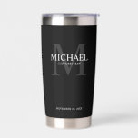 Masculine Personalized Monogram and Name Groomsmen Insulated Tumbler<br><div class="desc">Add a personal touch to your wedding with personalized groomsmen gift.
This design features personalized groomsman's name with title in white and monogram in light grey as background,  in classic serif font style on black background.

Also perfect for best man,  father of the bride,  ring bearer and more.</div>