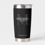 Masculine Personalized Monogram and Name Groomsmen Insulated Tumbler<br><div class="desc">Add a personal touch to your wedding with personalized groomsmen gift.
This design features personalized groomsman's name with title in white and monogram in light grey as background,  in classic serif font style on black background.

Also perfect for best man,  father of the bride,  ring bearer and more.</div>