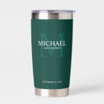 Masculine Personalized Monogram and Name Groomsmen Insulated Tumbler<br><div class="desc">Add a personal touch to your wedding with personalized groomsmen gift. This design features personalized groomsman's name with title in white and monogram in light emerald green as background, in classic serif font style on emerald green background. Also perfect for best man, father of the bride, ring bearer and more....</div>
