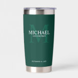 Masculine Personalized Monogram and Name Groomsmen Insulated Tumbler<br><div class="desc">Add a personal touch to your wedding with personalized groomsmen gift. This design features personalized groomsman's name with title in white and monogram in light emerald green as background, in classic serif font style on emerald green background. Also perfect for best man, father of the bride, ring bearer and more....</div>