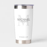 Masculine Personalized Monogram and Name Groomsmen Insulated Tumbler<br><div class="desc">Add a personal touch to your wedding with personalized groomsmen gift.
This design features personalized groomsman's name with title in grey and monogram in light grey as background,  in classic serif font style on white background.

Also perfect for best man,  father of the bride,  ring bearer and more.</div>