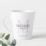 Masculine Personalized Monogram and Name Groomsmen Latte Mug<br><div class="desc">Add a personal touch to your wedding with personalized groomsmen mug.
This mug features personalized groomsman's name with title in grey and monogram in light grey as background,  in classic serif font style.

Also perfect for best man,  father of the bride,  ring bearer and more.</div>