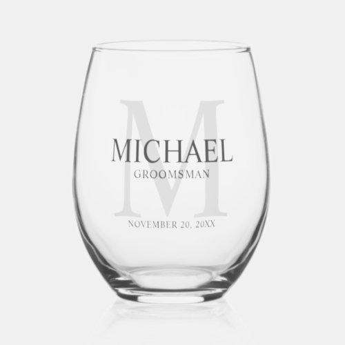 Masculine Personalized Monogram and Name Groomsmen Stemless Wine Glass