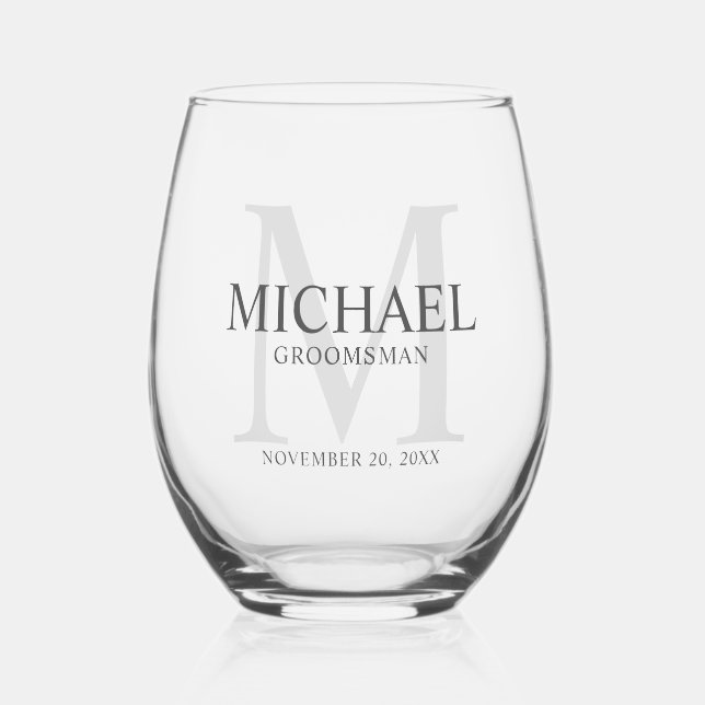 Masculine Personalized Monogram and Name Groomsmen Stemless Wine Glass (Front)