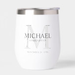 Masculine Personalized Monogram and Name Groomsmen Thermal Wine Tumbler<br><div class="desc">Add a personal touch to your wedding with personalized groomsmen gift.
This design features personalized groomsman's name with title in grey and monogram in light grey as background,  in classic serif font style on white background.

Also perfect for best man,  father of the bride,  ring bearer and more.</div>
