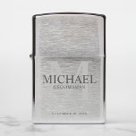 Masculine Personalized Monogram and Name Groomsmen Zippo Lighter<br><div class="desc">Add a personal touch to your wedding with personalized groomsmen lighter.
This lighter features personalized groomsman's name with title in grey and monogram in light grey as background,  in classic serif font style.

Also perfect for best man,  father of the bride,  ring bearer and more.</div>