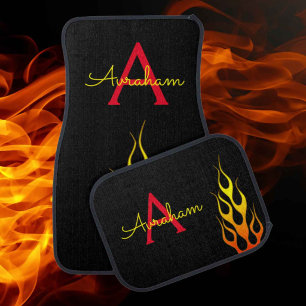 Masculine Pinstriped Flames Flame Monogram Car Floor Mat