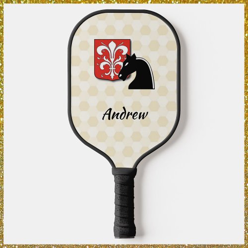 Masculine Red and Black Knight Shield and Horse Pi Pickleball Paddle