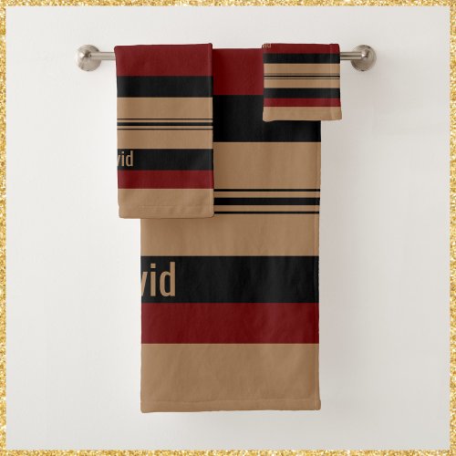 Masculine Red Black and Gold Bold Striped Bath Towel Set