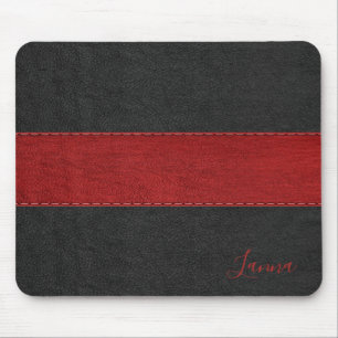 Masculine Red & Black Leather Monogram Mouse Pad