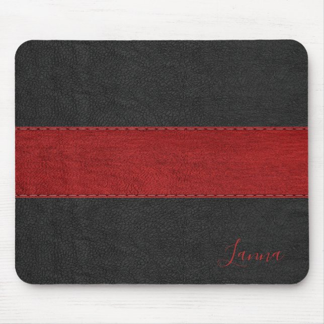 Masculine Red & Black Leather Monogram Mouse Pad (Front)