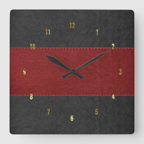 Masculine Red  Black Stitched Leather Texture Square Wall Clock